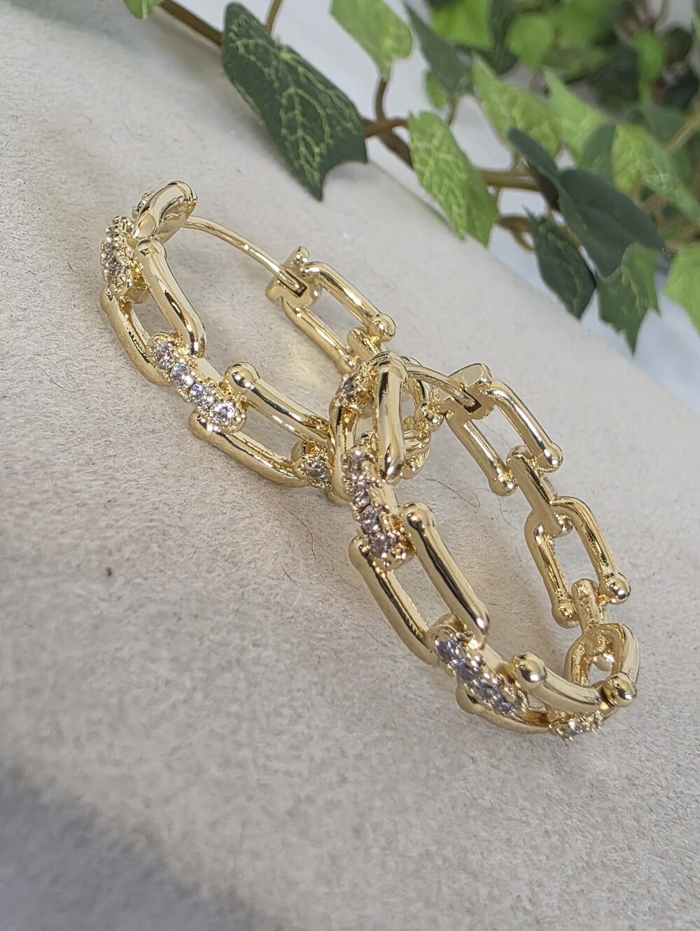Gold Filled U Link Chain Hoop Earrings with CZ